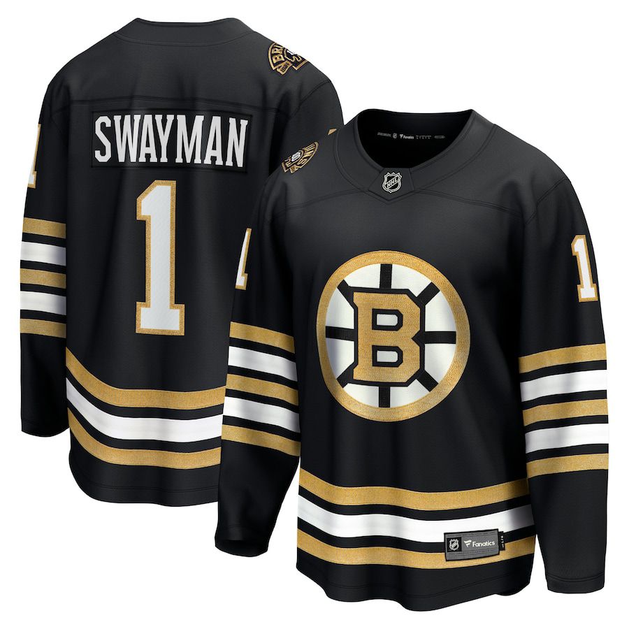 Men Boston Bruins #1 Jeremy Swayman Fanatics Branded Black 100th Anniversary Premier Breakaway Player NHL Jersey->->NHL Jersey